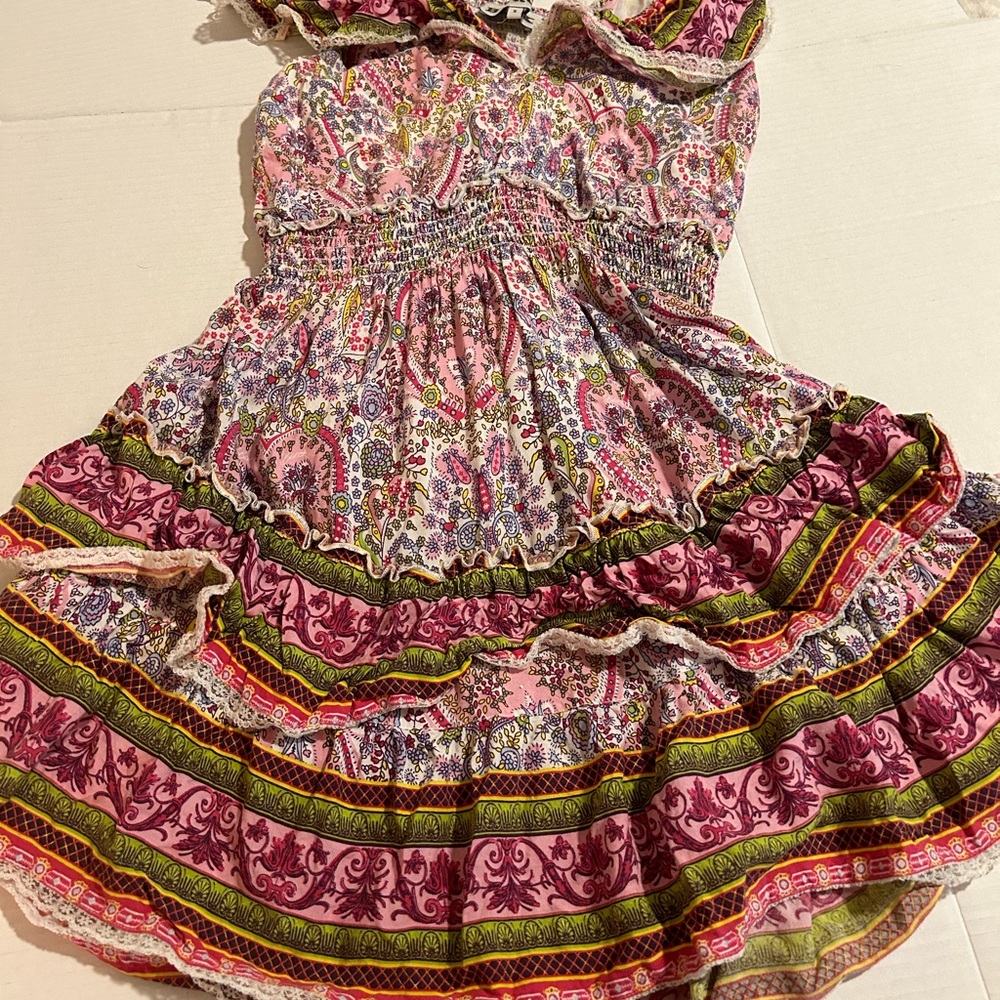 Anthropologie Barok Paris Boho Floral Colorful Gypsy Ruffle Dress S mini tiered - Picture 6 of 6
